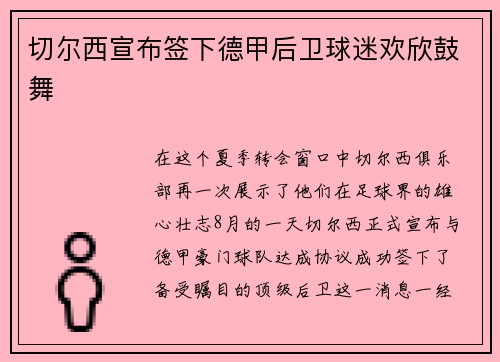 切尔西宣布签下德甲后卫球迷欢欣鼓舞